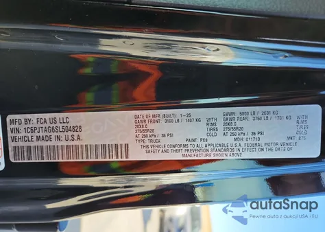 2025 Jeep Gladiator Sport z USA, uszkodzony, nr VIN 1C6PJTAG6SL504828